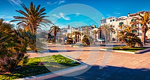 Ð¡harm of the ancient cities of Europe. Colorful morning view of central park of Vieste town.