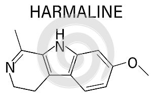 Harmaline indole alkaloid molecule. Found in Syrian rue, Peganum harmala. Skeletal formula.