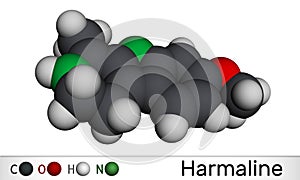 Harmaline molecule. It is fluorescent indole alkaloid. Molecular model. 3D rendering