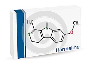 Harmaline molecule. It is fluorescent indole alkaloid. Skeletal chemical formula. Paper packaging for drugs.