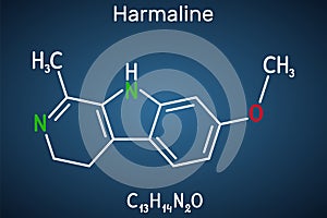Harmaline molecule. It is fluorescent indole alkaloid. Structural chemical formula on the dark blue background
