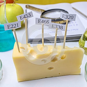 Harmful food additives. In the cheese are signs with the code E-supplements. Next On the table are flasks and a notebook with