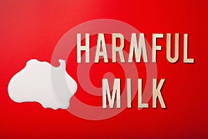Harmful milk word text letters lactose intolerance allergy. milk splatter. avoid dangerous dairy
