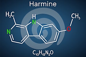 Harmine molecule. It is fluorescent harmala alkaloid, inhibits monoamine oxidase A, MAO-A. Structural chemical formula on the dark