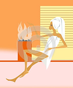 Ð¡harming woman, wrapped in a towel and with a turban on her head sits in a sauna. Illustration