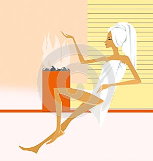 Ð¡harming woman, wrapped in a towel and with a turban on her head sits in a sauna. Illustration