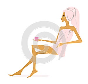 Ð¡harming woman, wrapped in a towel and with a turban on her head sits in a sauna. Illustration isolated on white background
