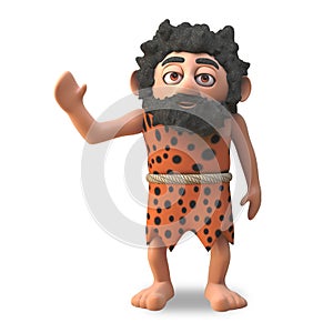 Harmless caveman 3d cartoon character waves amiably with his right hand, 3d illustration