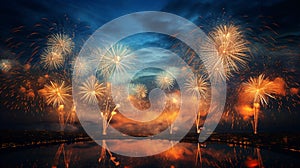 A harmonious blend of cool blues and warm oranges in a firework display, symbolizing the meeting of sky and fire