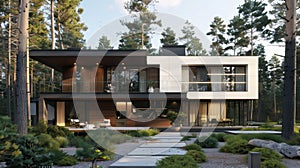 Harmonious blend of modernity and nature minimalist cube house in forest setting photo