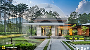 Harmonious blend of modernity and nature minimalist cubic house in forest setting photo