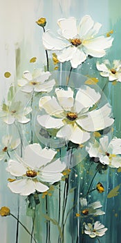 Harmonious Celebration Of Nature: White Flowers In Teal And Gold