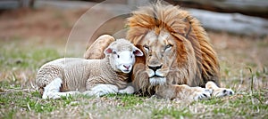Harmonious coexistence lion and lamb living together peacefully in perfect harmony
