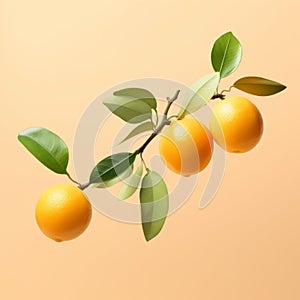 Harmonious Coloration: Three Oranges On Branch In Mike Campau Style