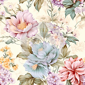 Harmonious Dance: Seamless Pattern of Delicate Flowers and Leaves in Pastel Hues