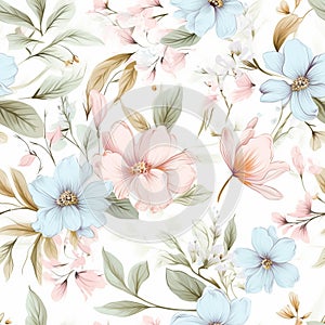 Harmonious Dance: Seamless Pattern of Delicate Flowers and Leaves in Pastel Hues