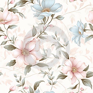 Harmonious Dance: Seamless Pattern of Delicate Flowers and Leaves in Pastel Hues