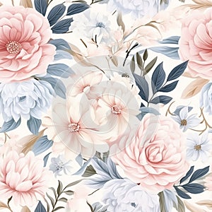 Harmonious Dance: Seamless Pattern of Delicate Flowers and Leaves in Pastel Hues