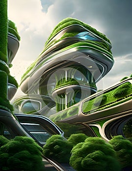 The harmonious intergration of nature and technology, a futuristic architectural building coexist with lush greenery, 3D rendering