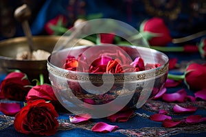 Harmonious Tibetan singing bowl roses. Generate Ai photo