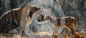 Harmonious tiger and deer encounter in sunlit forest, symbolizing unity for conservation campaign