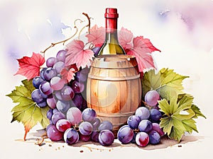 Harmonious Vineyard Setting: Pink Grapes, Red Wine Bottle, and Wooden Barrel on Leaves Background.