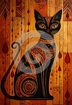 a harmonious and visually striking piece that blends warm tones with the dark cat figure.