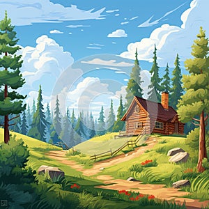 Harmonious Wooden Cabin On A Hill: A Cartoon Landscape