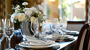 A harmoniously arranged dining room with a centerpiece and coordinated place settings creating a warm and welcoming photo