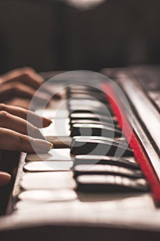 Harmonium keys with vintage looks  stock image, selective focus.