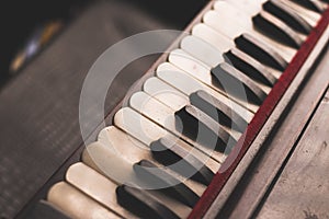 Harmonium keys with vintage looks  stock image, selective focus.