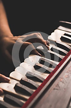 Harmonium keys with vintage looks  stock image, selective focus.