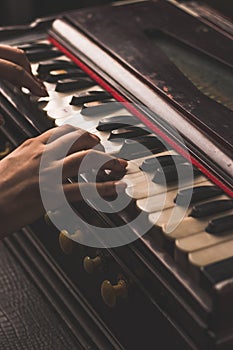 Harmonium keys with vintage looks  stock image, selective focus.