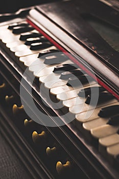 Harmonium keys with vintage looks  stock image, selective focus.