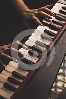 Harmonium keys with vintage looks  stock image, selective focus.