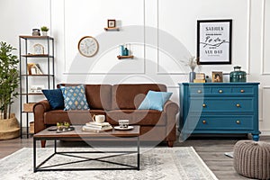 Harmonized living room with brown sofa