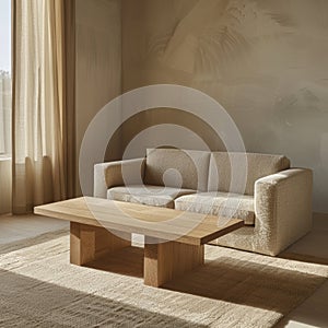 Harmonizing neutral sofa tones with warm wooden coffee table for a cozy ambiance