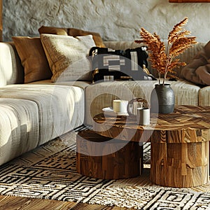 Harmonizing neutral sofa tones with warm wooden coffee table for a cozy ambiance