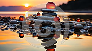 harmony and balance with zen rocks arranged in the form of scales against the backdrop of the sea.