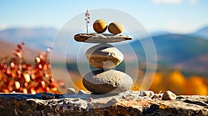 harmony and balance with zen rocks arranged in the form of scales against the backdrop of the sea.