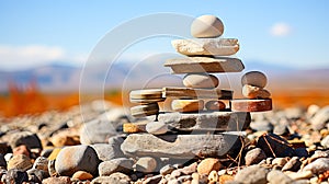 harmony and balance with zen rocks arranged in the form of scales against the backdrop of the sea.