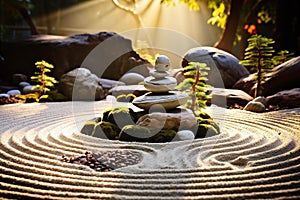 Harmony in Chaos: Serene Zen Rock Garden at Golden Hour photo