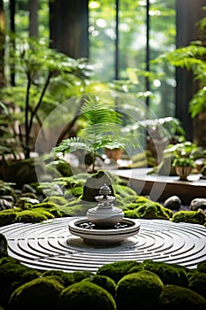 Harmony in Chaos: Tranquil Zen Garden with Sand Mandala, Bonsai Trees, and Water Fountain