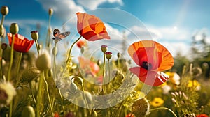 Harmony of Colors: Poppies, Butterfly, and the Azure Sky