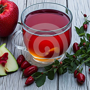 Harmony in a Cup: Roselle, Rose Hips, and Apple Herbal Tea. AI Generated