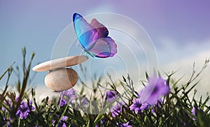 Harmony of Life Concept. Surrealist Butterfly on the Pebble Stone Stack in Garden. Metaphor of Balancing Nature and Technology.