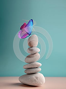 Harmony of Life Concept. Surrealist Butterfly on the Pebble Stone Stack. Metaphor of Balancing Nature and Technology. Calm, Mind, photo