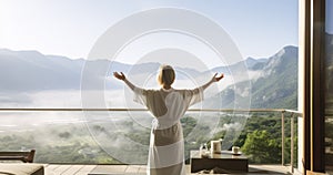 Harmony with Nature - A Woman in a Bathrobe Enraptured by the Expansive Landscape Before Her photo