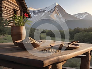 Harmony of Nature. Wooden Table with Ashwagandha and Cabin Silhouette.