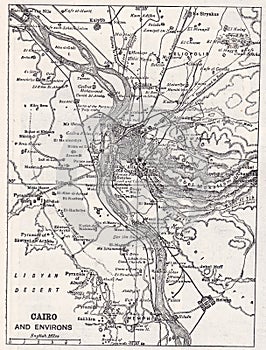 Vintage black and white map of Cairo and Environs 1900s